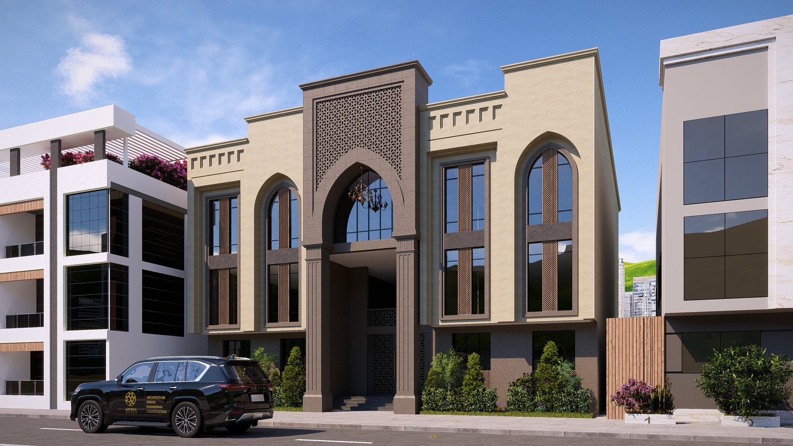 Abdulxadi Apartment street elevation with a warm stone facade, tall arches and deep shaded windows.