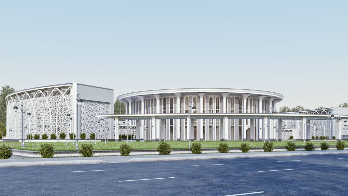 Administrative building in Tashkent — 16 of 20, showing the arched panjara screen and the circular assembly hall
