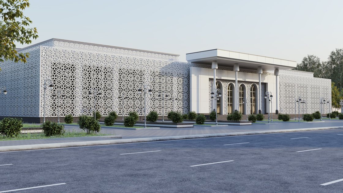 Administrative building in Tashkent — 2 of 20, showing the arched panjara screen and the circular assembly hall