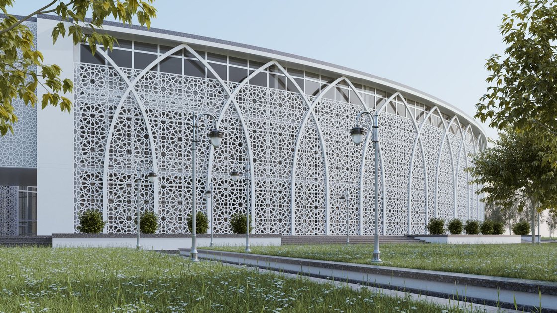 Administrative building in Tashkent — 4 of 20, showing the arched panjara screen and the circular assembly hall