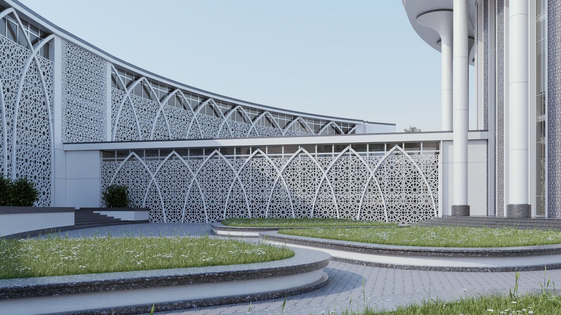 Administrative building in Tashkent — 5 of 20, showing the arched panjara screen and the circular assembly hall