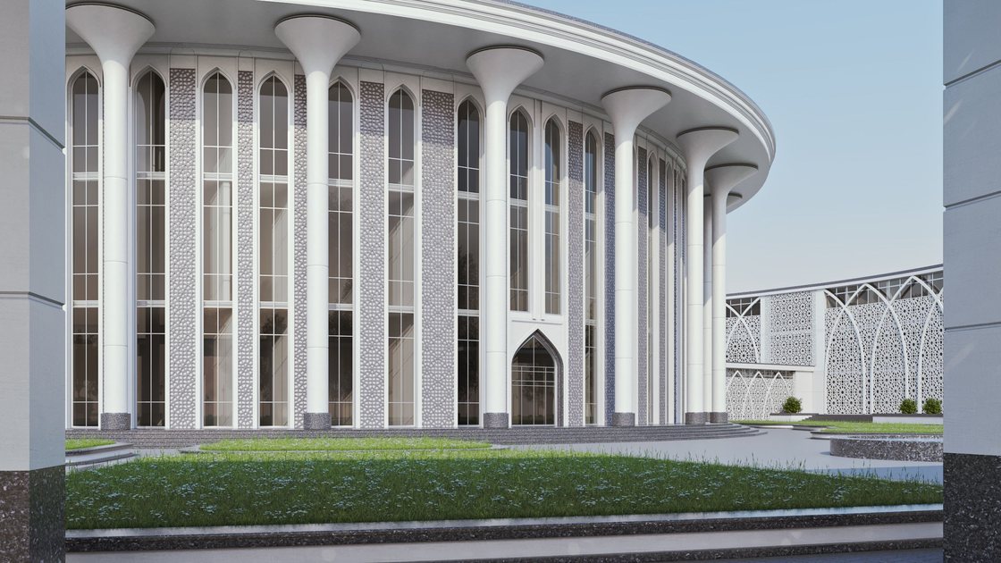 Administrative building in Tashkent — 6 of 20, showing the arched panjara screen and the circular assembly hall