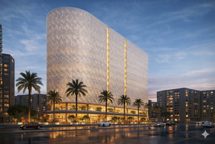 The same tower in daylight, its perforated white skin reading as woven fabric.