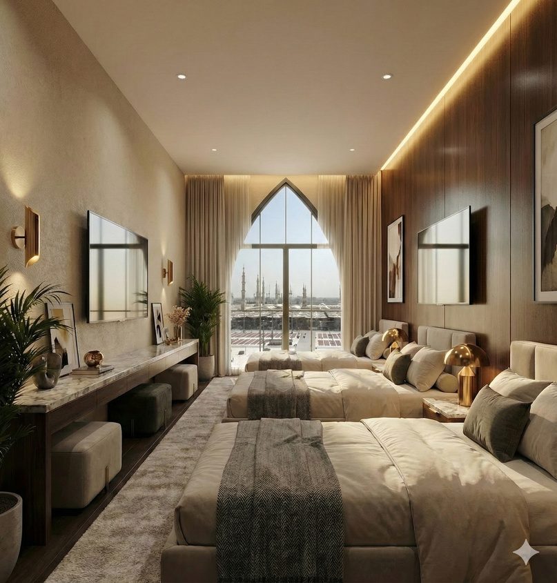 Twin-bed guest room with a tall pointed-arch window looking toward the Haram skyline, finished in warm timber and cream.
