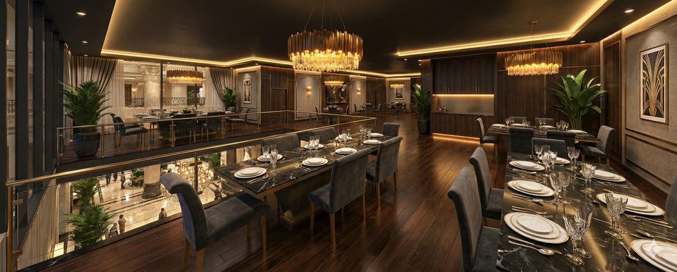 Dark-timber restaurant interior on a mezzanine, lit by brass chandeliers.