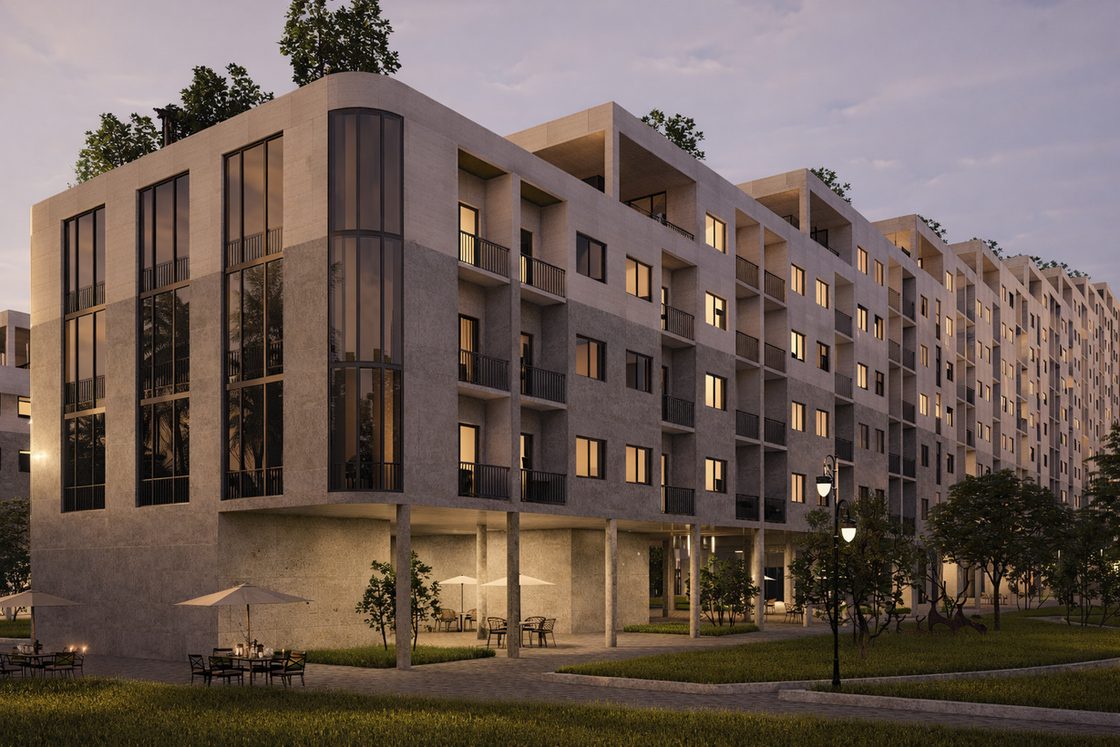 Street-level view of a residential block with deep balconies above a ground-floor colonnade.