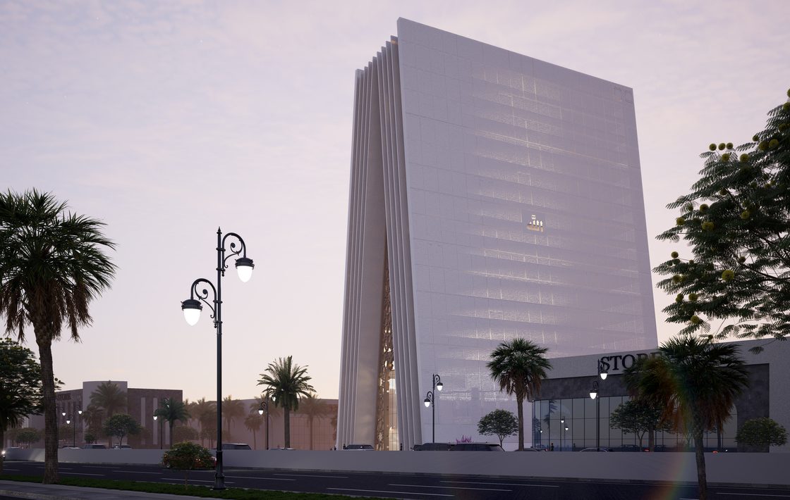 Day view of Quran Tower at full height.