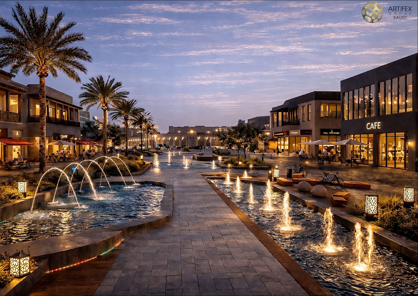 Fountain court and evening public realm at Al Hijrah Walkway.