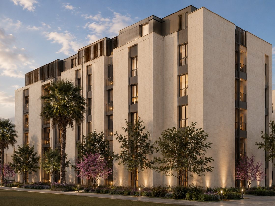Corner view of the 2 800 m² residential complex in Al Madinah at dusk — pale stone volumes, dark recessed balconies, palms along the street